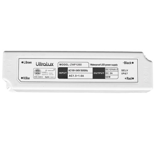 LED захранване 60W UltraLux ZWP1260 220V/12VDC, пластмаса, водоустойчиво IP67